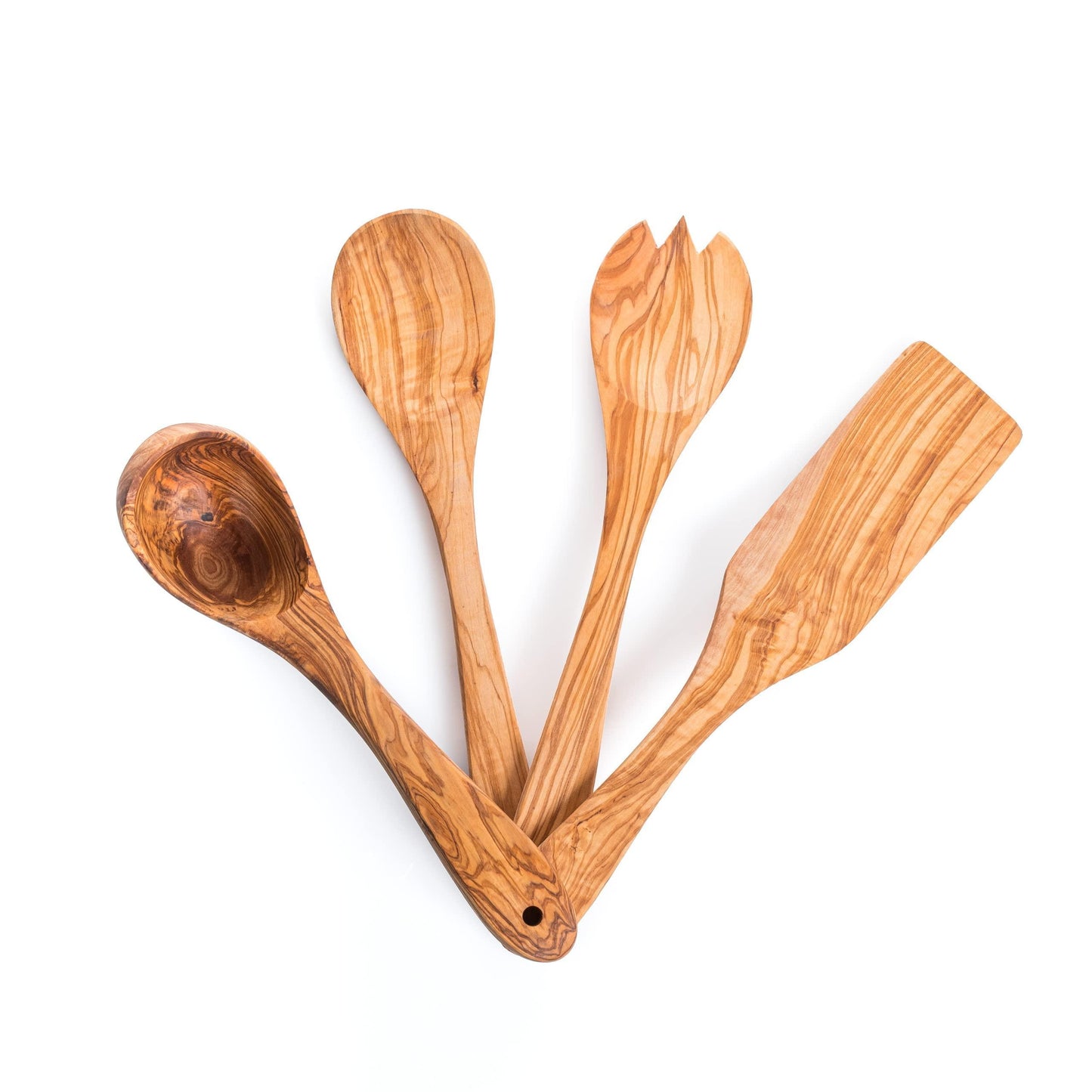 Olive Wooden Kitchen Utensils Set of 4 - Salad Fork, Spoon Set, Ladle & Flat Spatula - Darido