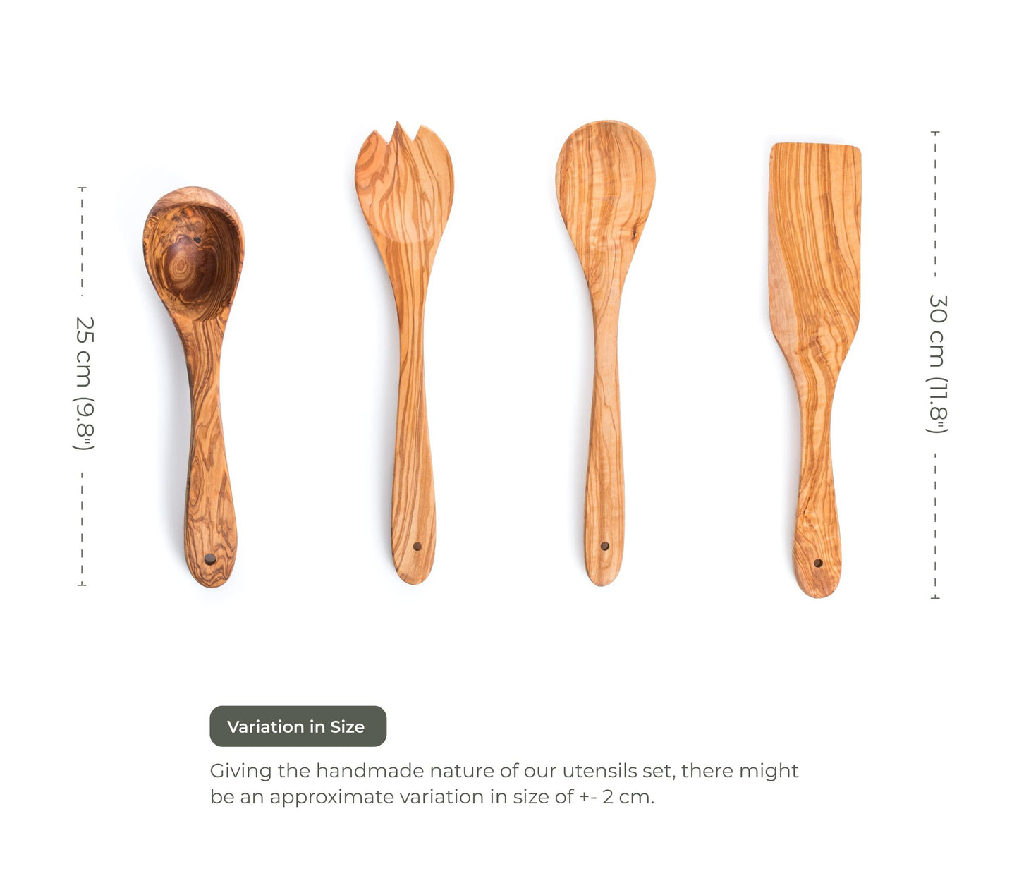 Olive Wooden Kitchen Utensils Set of 4 - Salad Fork, Spoon Set, Ladle & Flat Spatula - Darido