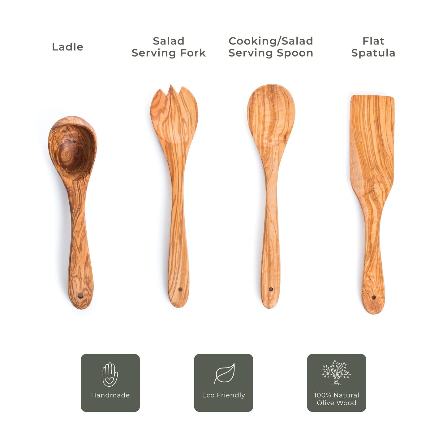 Olive Wooden Kitchen Utensils Set of 4 - Salad Fork, Spoon Set, Ladle & Flat Spatula - Darido