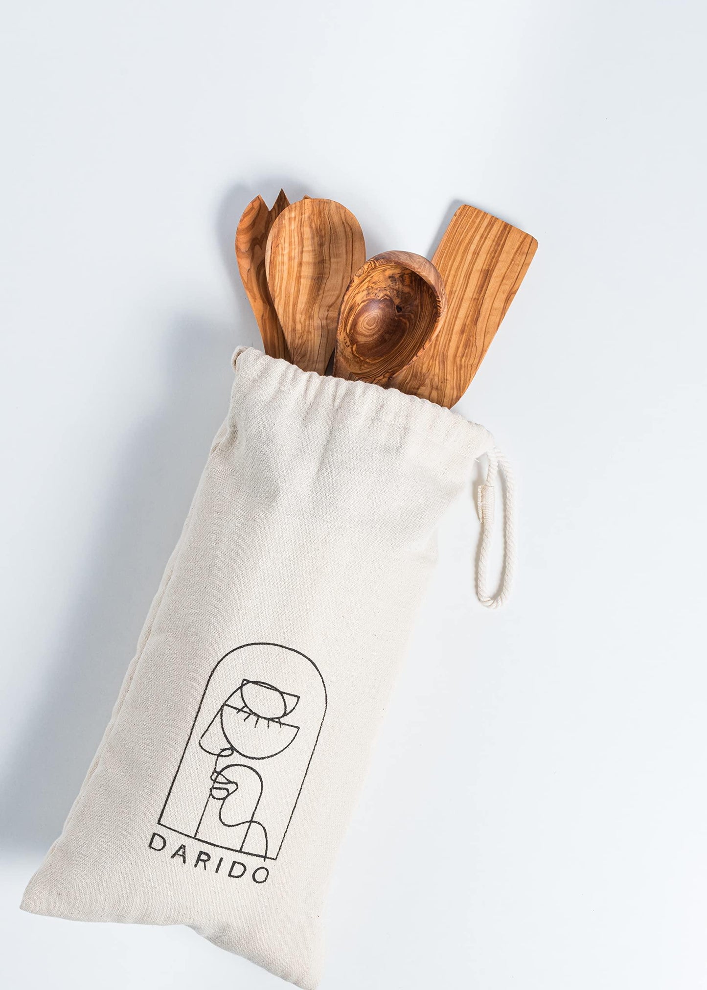 Olive Wooden Kitchen Utensils Set of 4 - Salad Fork, Spoon Set, Ladle & Flat Spatula - Darido