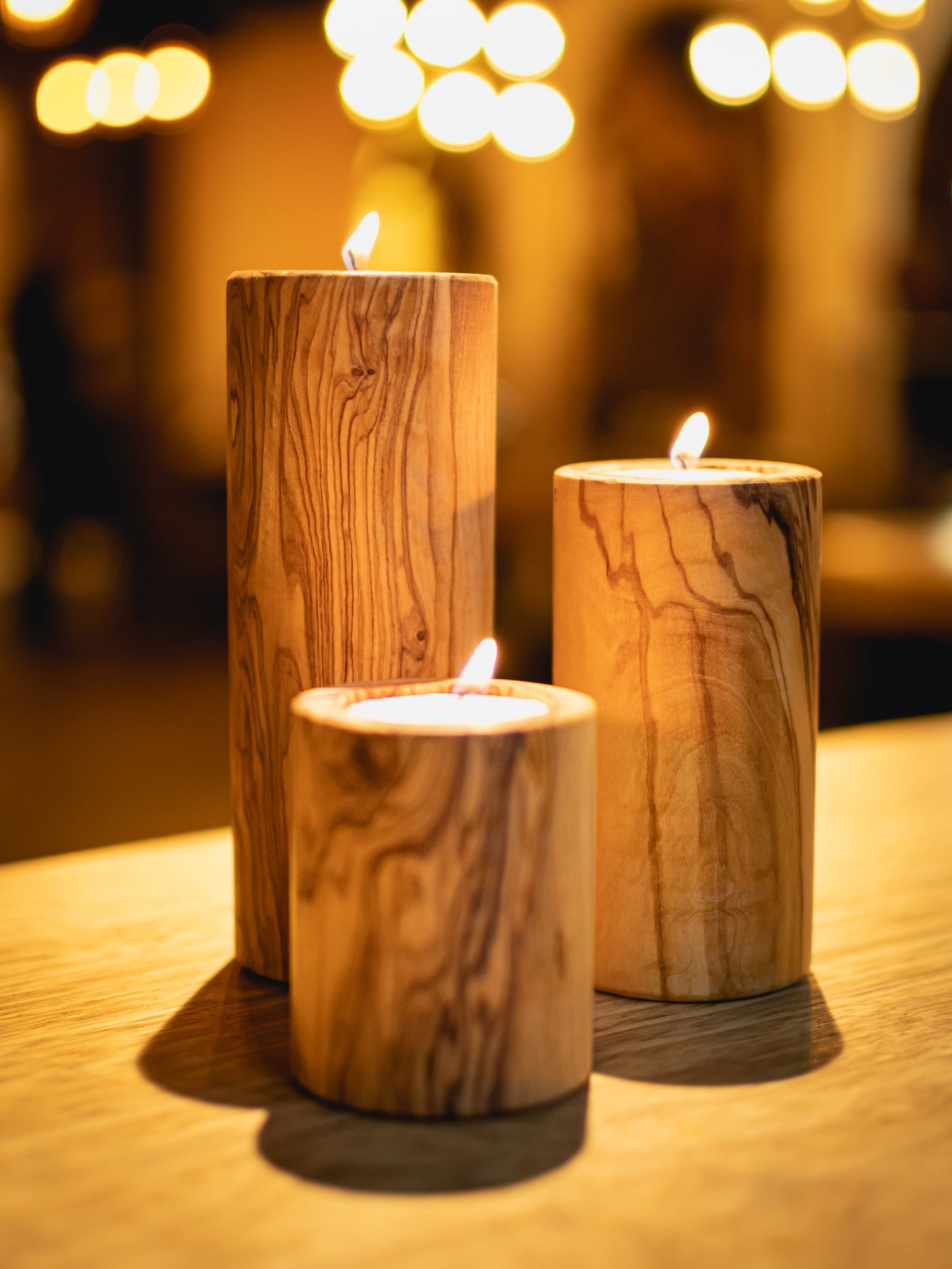 Set of 3 Olive Wood Candle Holders - Cylindrical