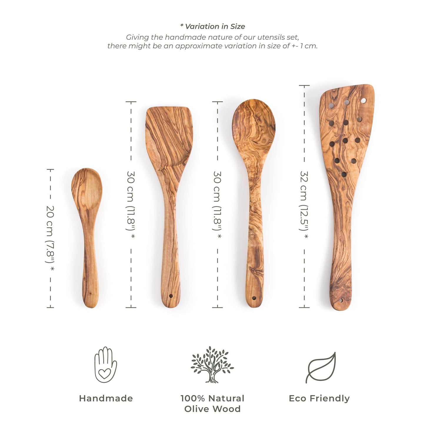 Olive Wood Cooking Spoons Set of 3 with Extra Small Spoons - Darido