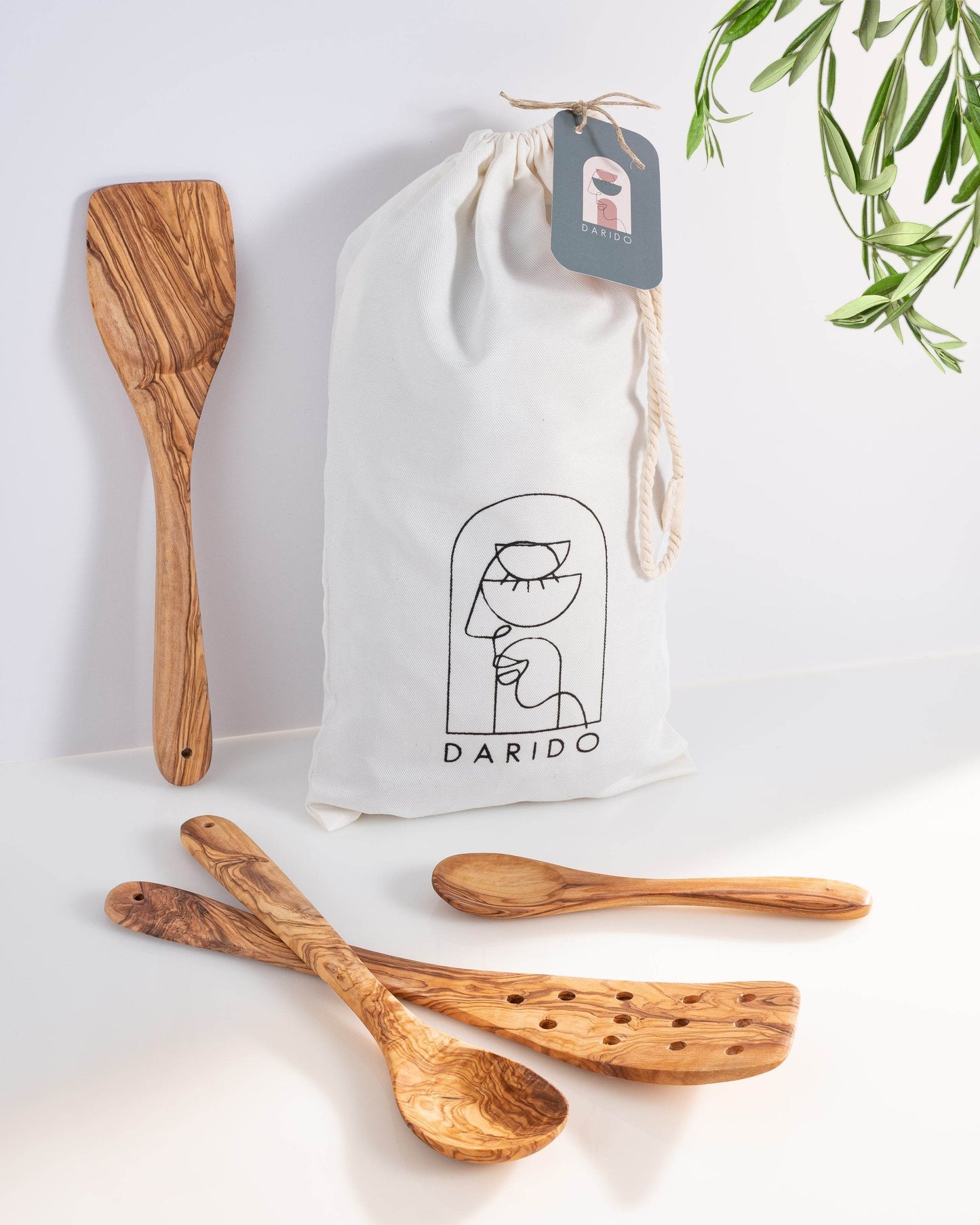 Olive Wood Cooking Spoons Set of 3 with Extra Small Spoons - Darido