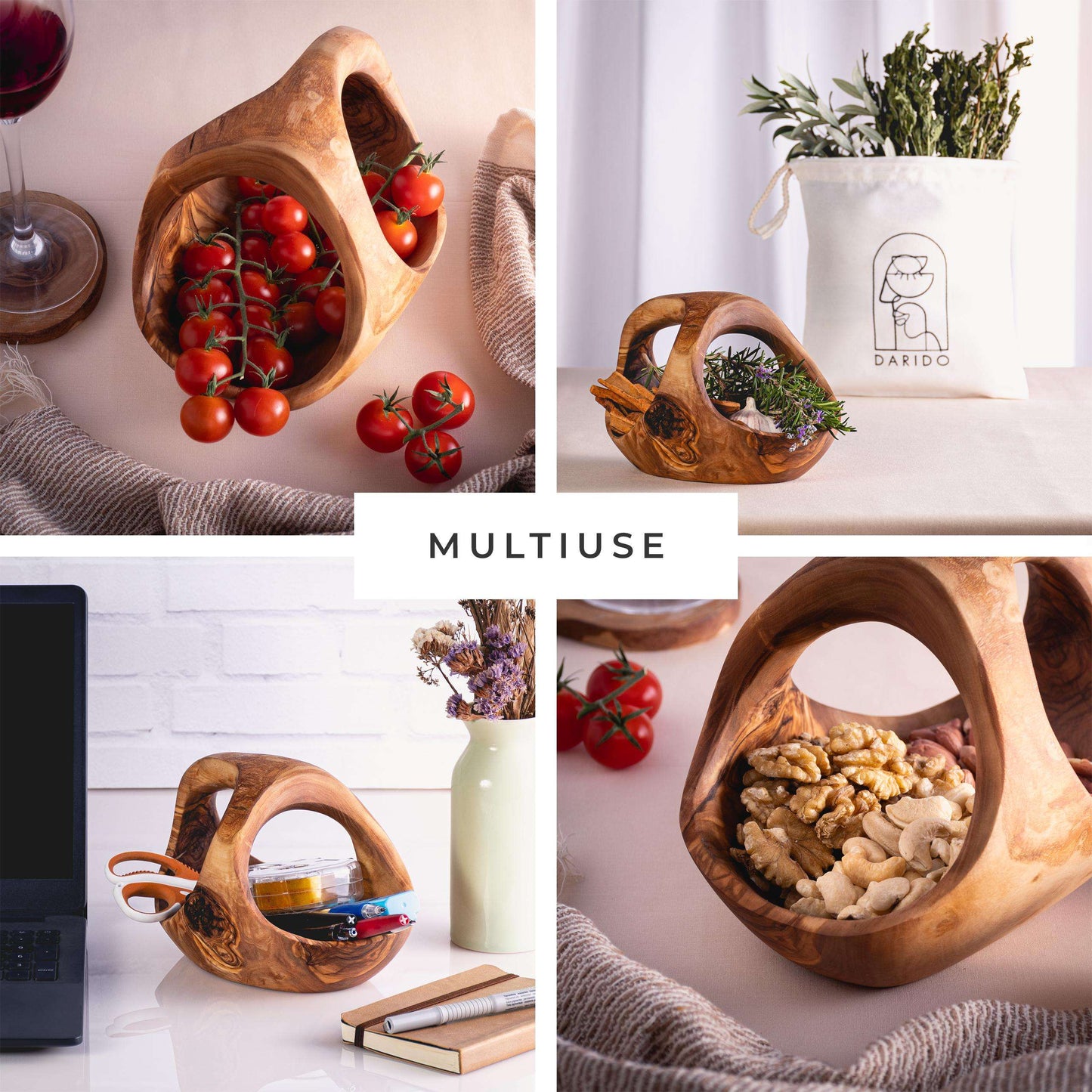 Darido Rustic Olive Wood Small Fruit Basket With Three Handle - Darido