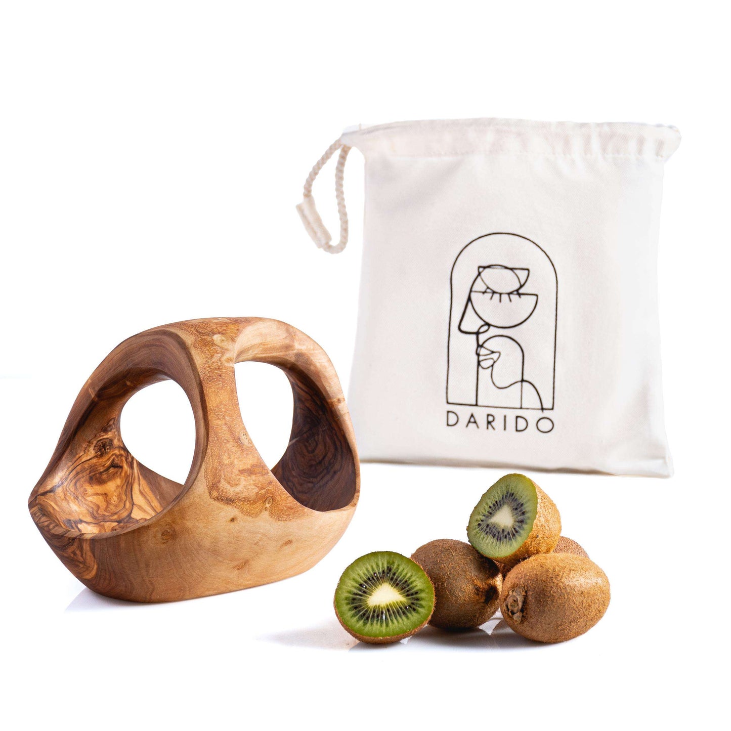 Darido Rustic Olive Wood Small Fruit Basket With Three Handle - Darido