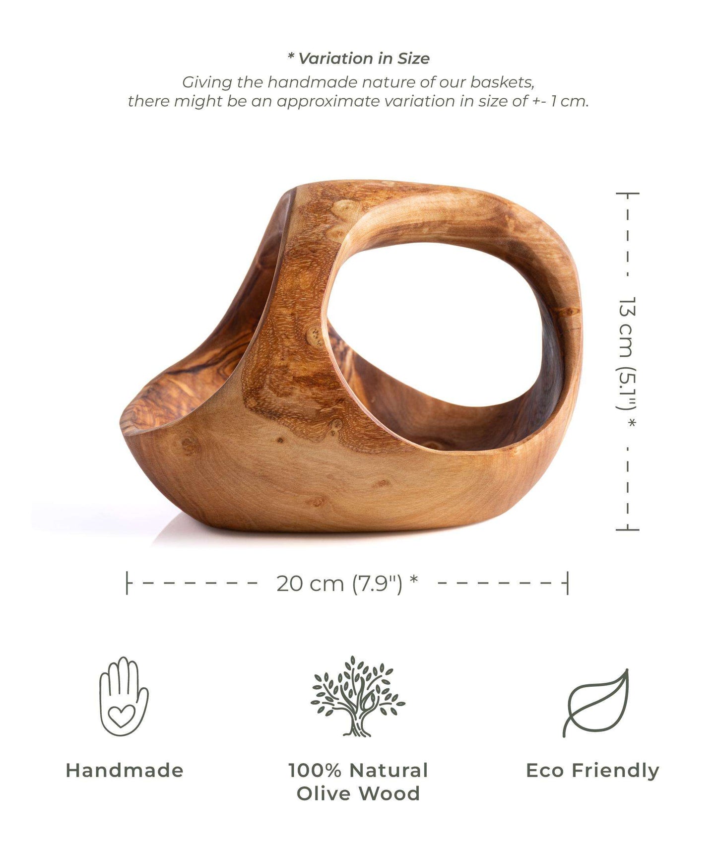 Darido Rustic Olive Wood Small Fruit Basket With Three Handle - Darido