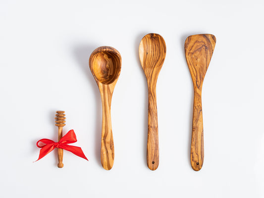 3-Piece Olive Wood Kitchen Utensil Set – Spoon, Ladle & Spatula + Free Honey Spoon