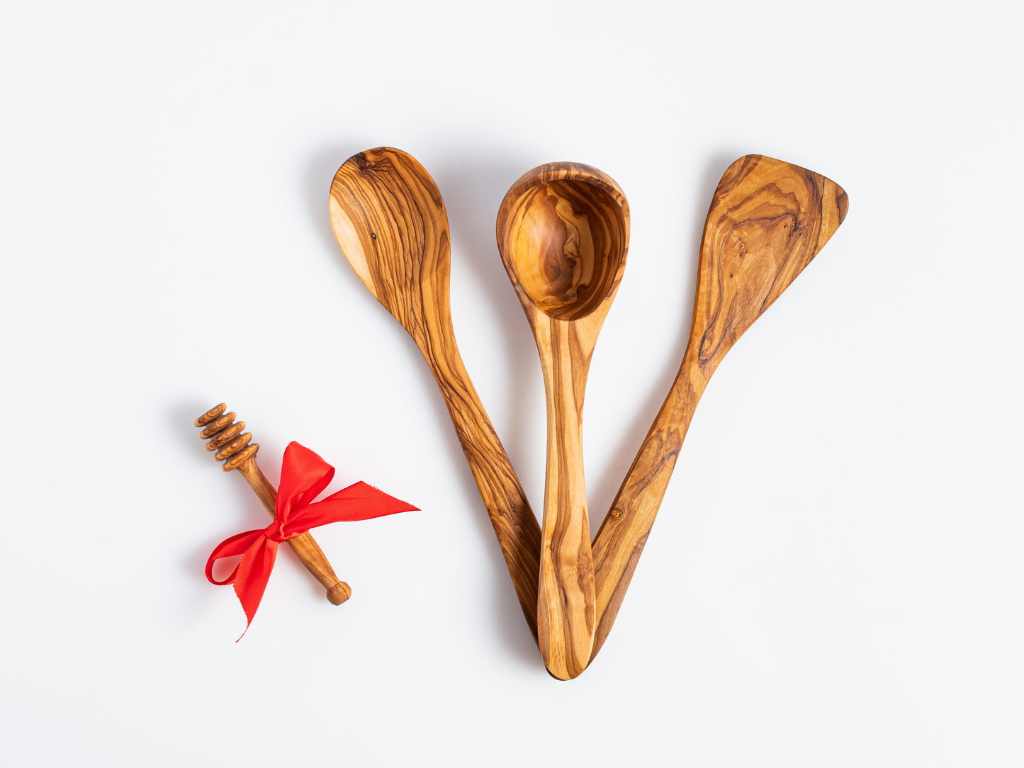 3-Piece Olive Wood Kitchen Utensil Set – Spoon, Ladle & Spatula + Free Honey Spoon