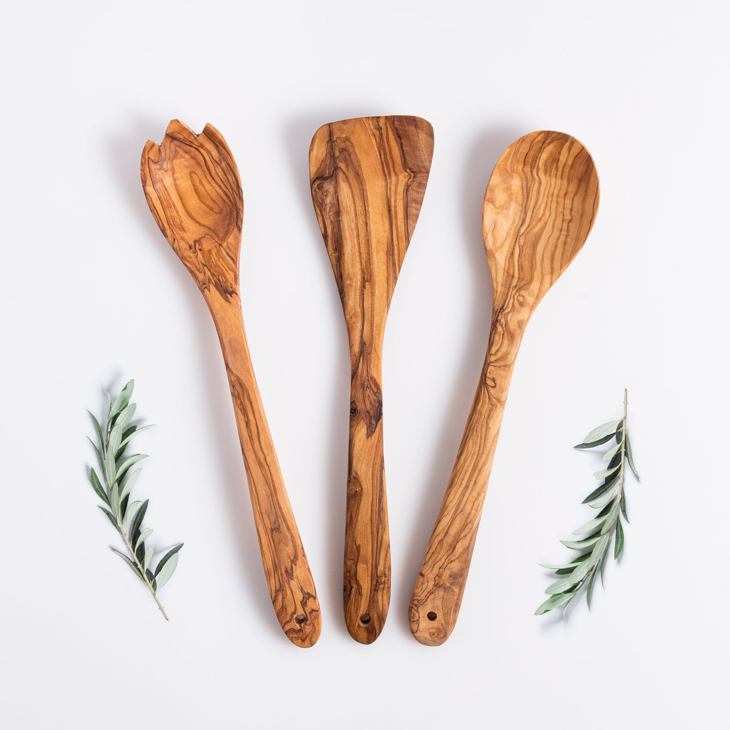 Olive Wood Kitchen Set: Spoon, Spatula & Slotted Spatula