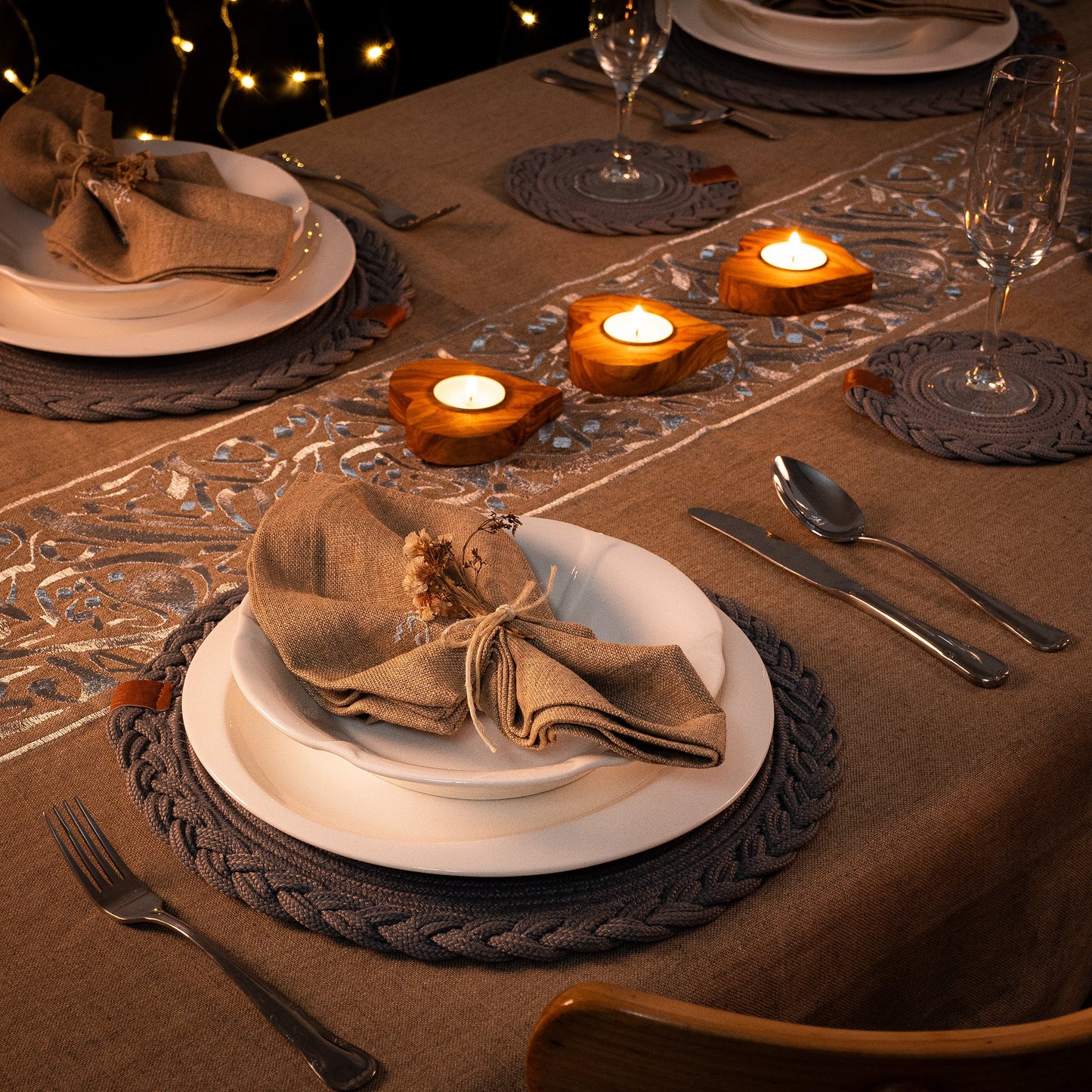 Set of 3 Olive Wood Candle Holders - Heart Shape