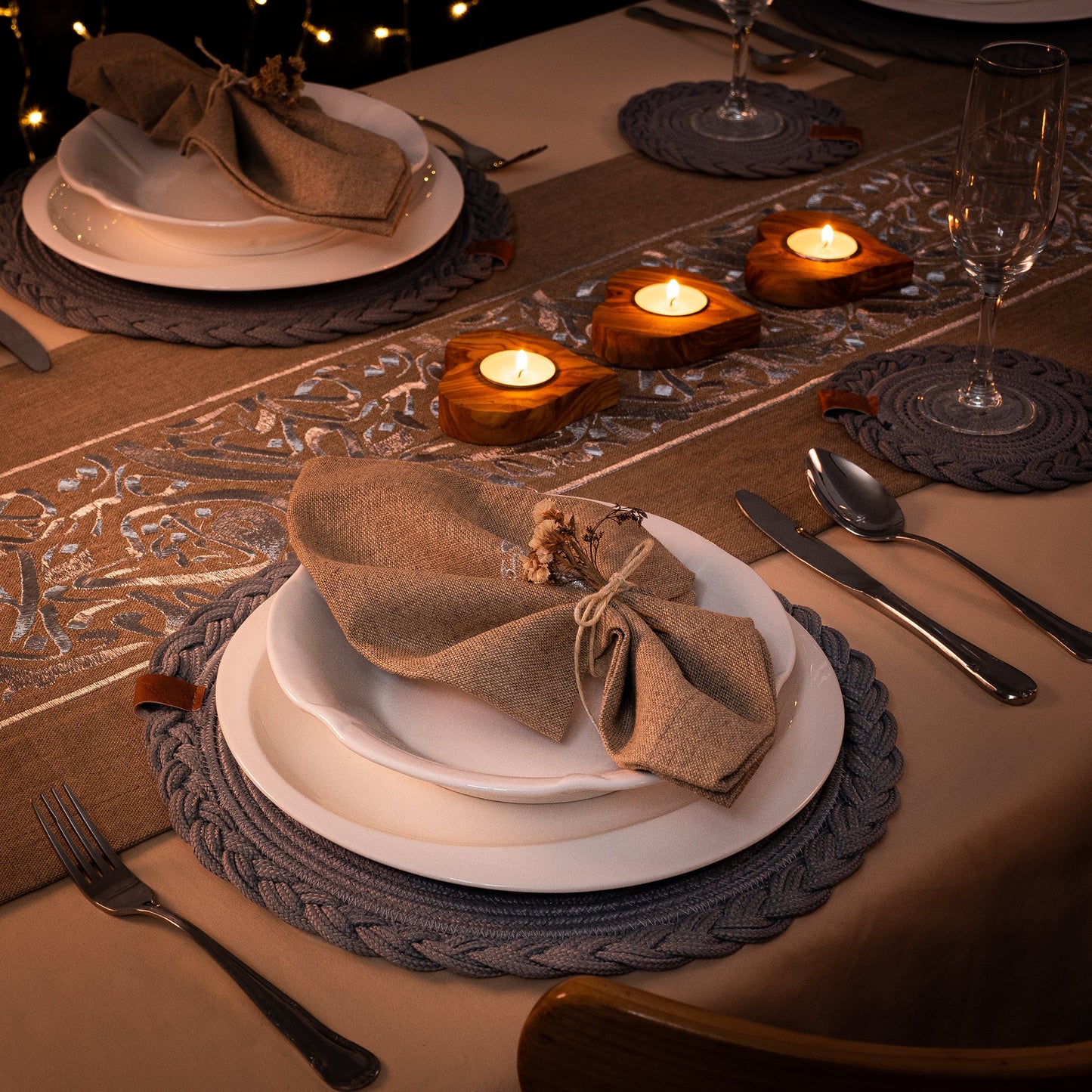 Set of 3 Olive Wood Candle Holders - Heart Shape