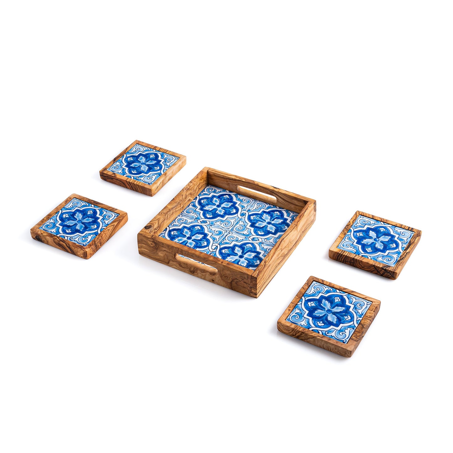 4-Piece Olive Wood and Ceramic Serving Tray