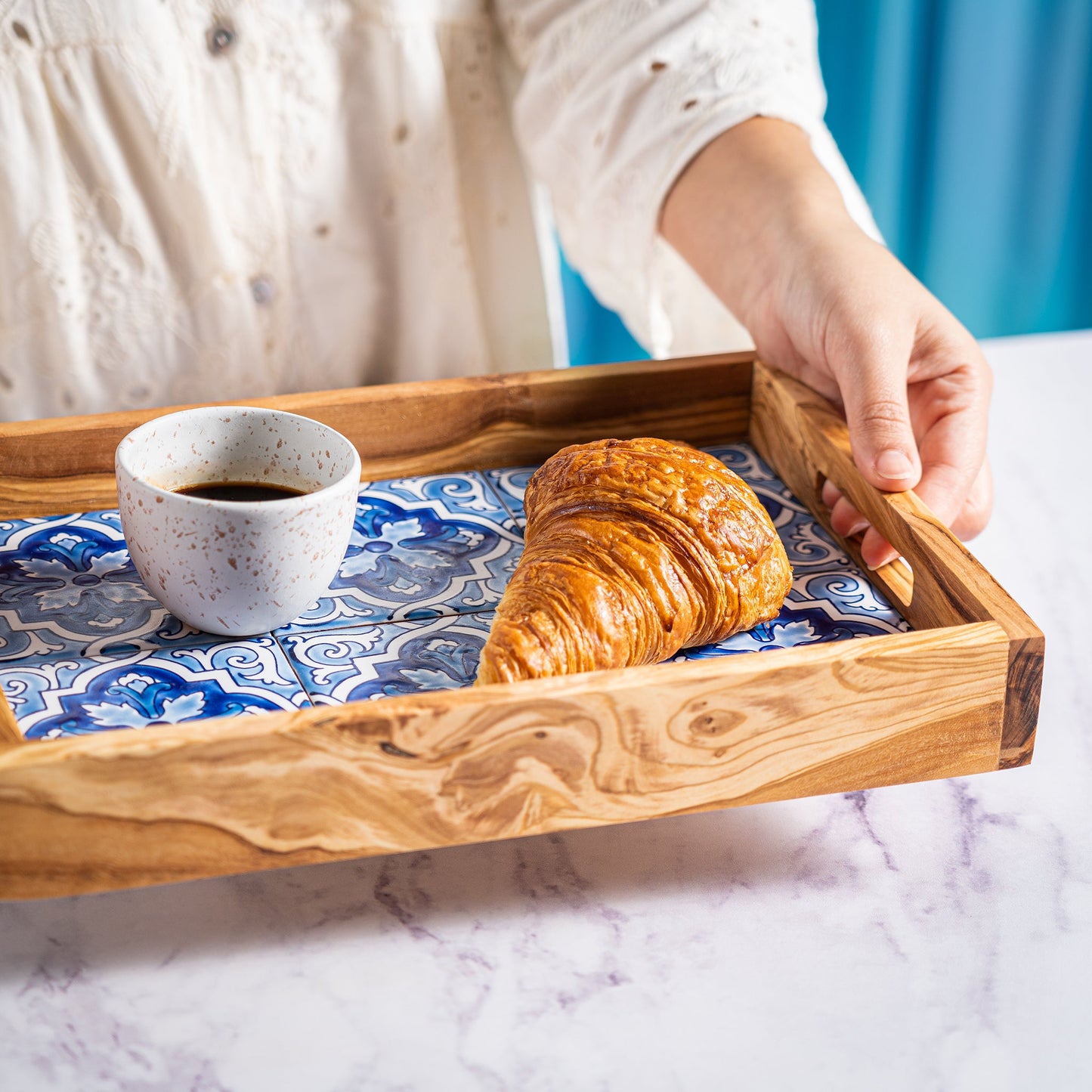 6-Piece Olive Wood and Ceramic Serving Tray