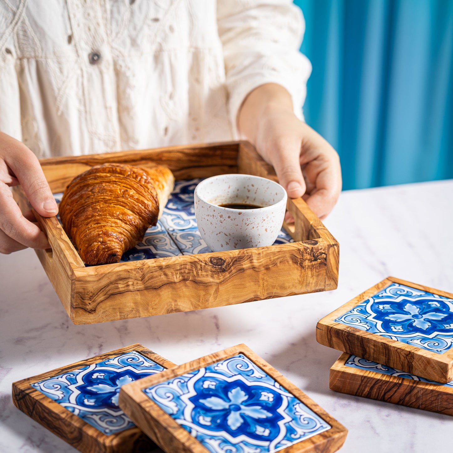 4-Piece Olive Wood and Ceramic Serving Tray