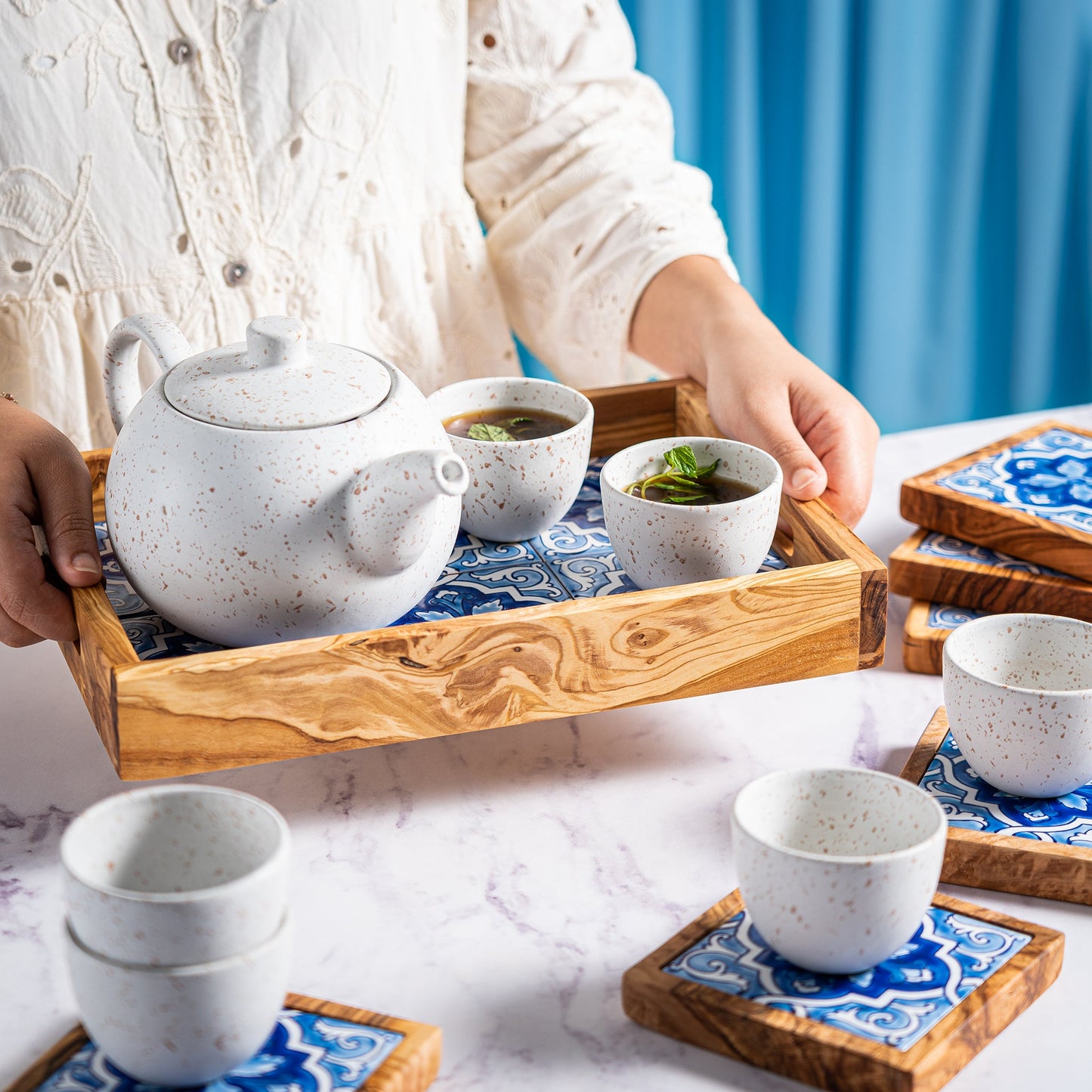 6-Piece Olive Wood and Ceramic Serving Tray
