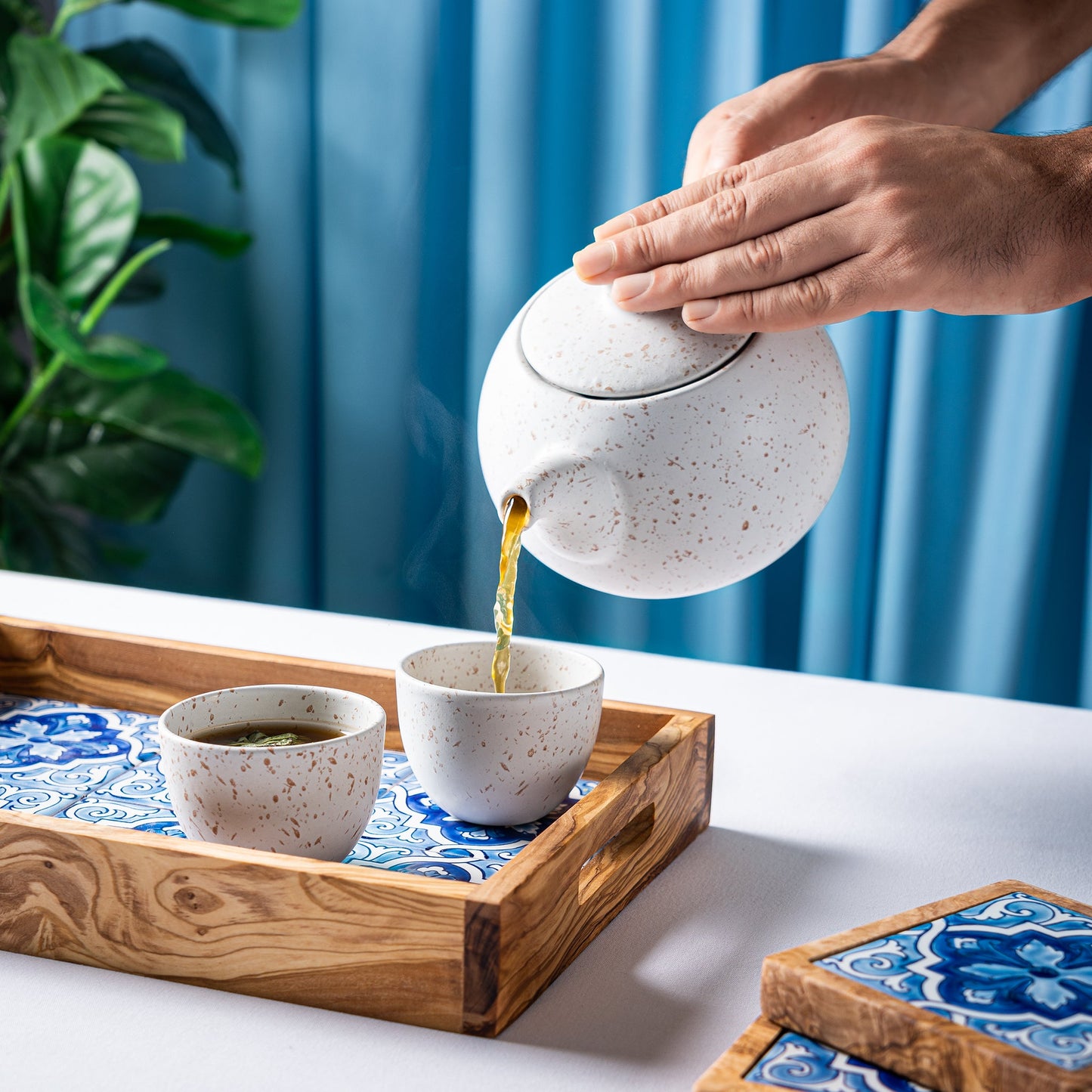 6-Piece Olive Wood and Ceramic Serving Tray