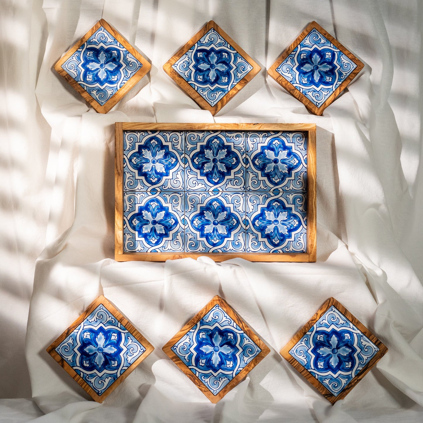6-Piece Olive Wood and Ceramic Serving Tray