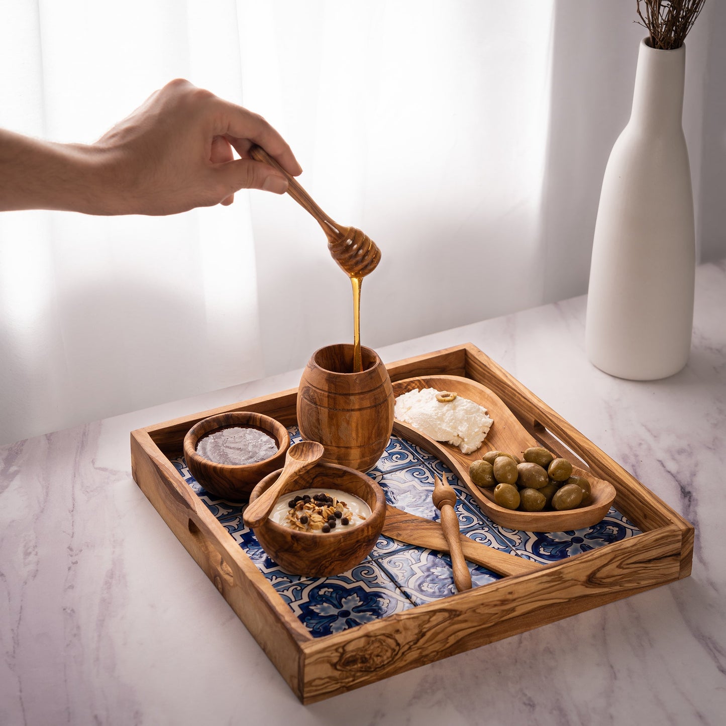 Olive Wood and Ceramic Set