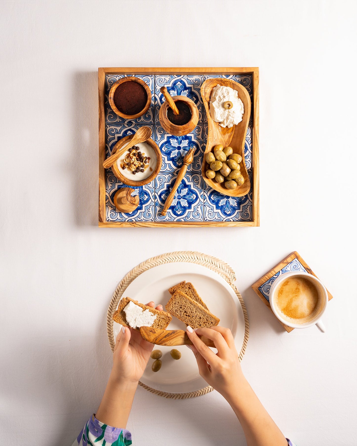 9-Piece Olive Wood and Ceramic Serving Tray