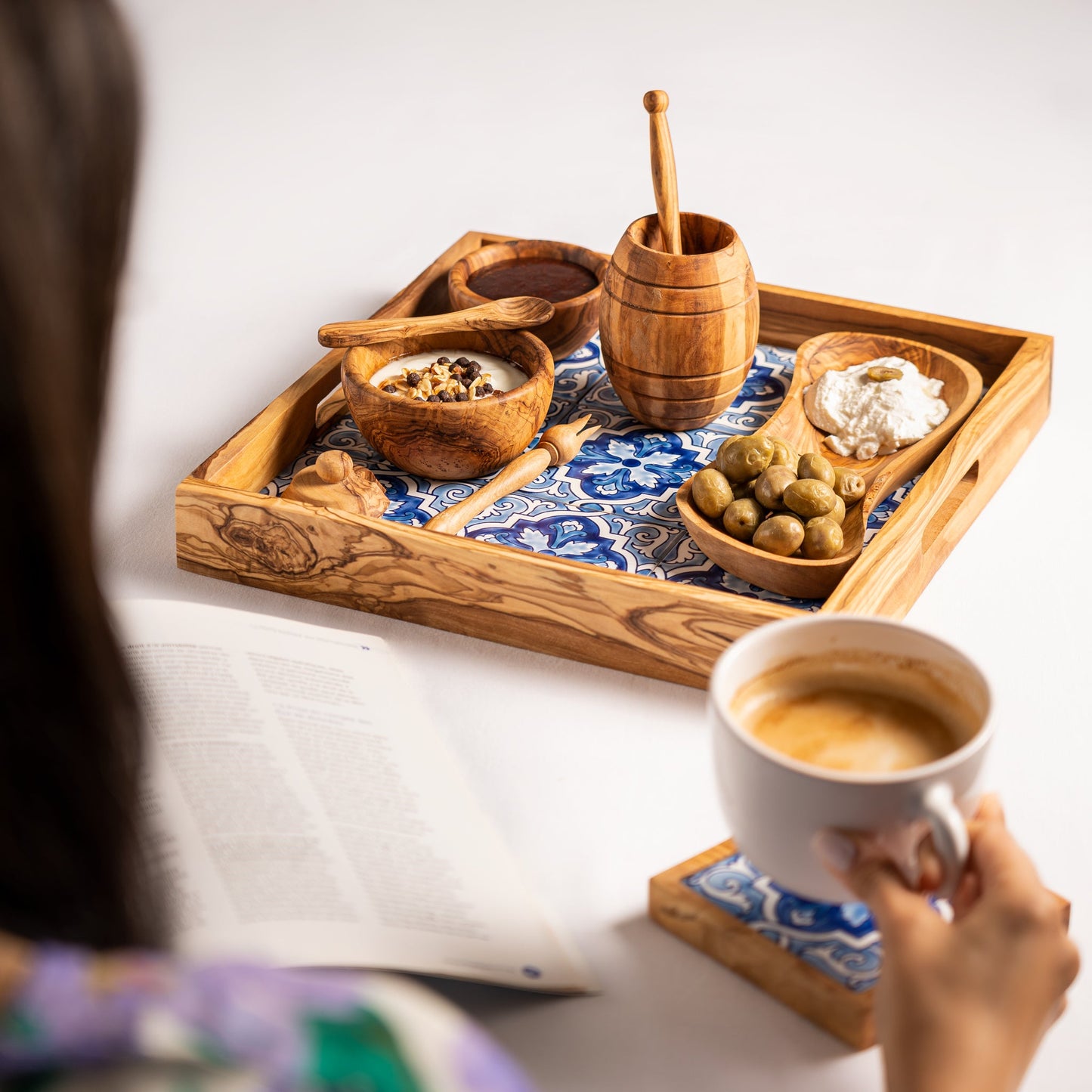 9-Piece Olive Wood and Ceramic Serving Tray