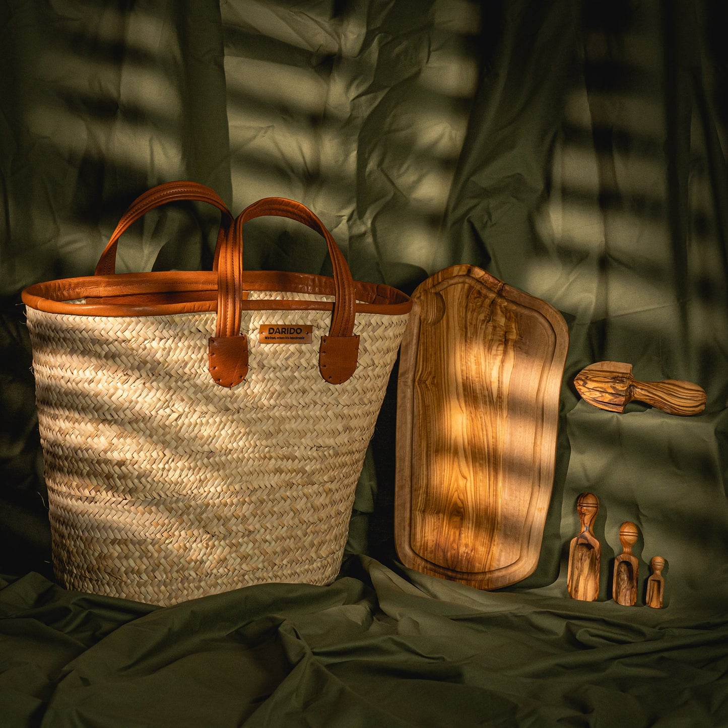 Olive Wood Kitchen Pack - 5 Pieces + Jasmin Basket Bag