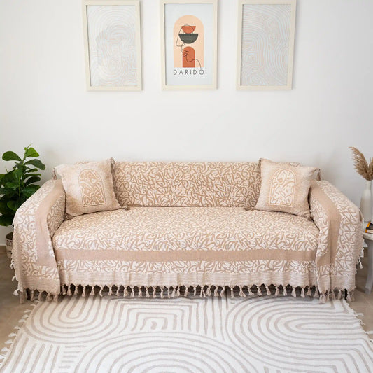 3 x 2 m Calligraphy Cotton Throw with 2 Matching Cushion Covers – 100% Cotton – High Quality