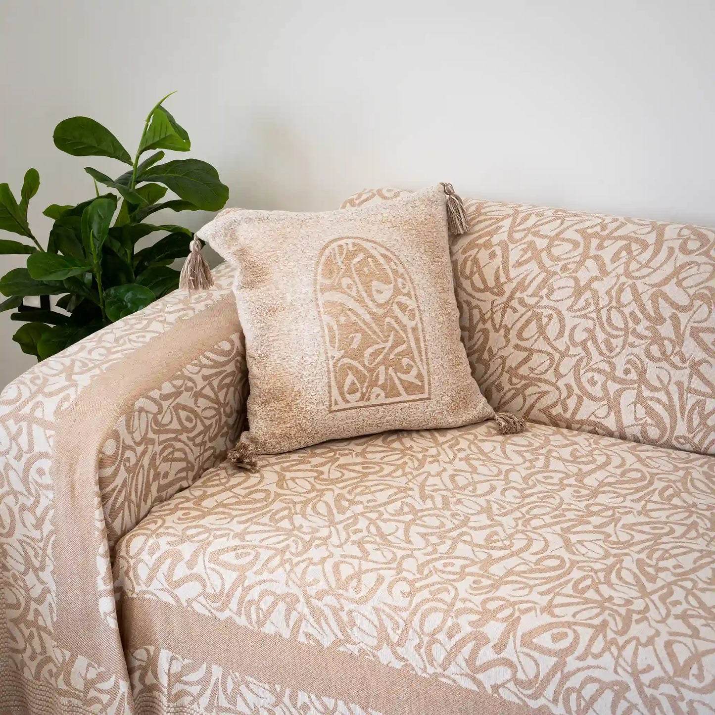 3 x 2 m Calligraphy Cotton Throw with 2 Matching Cushion Covers – 100% Cotton – High Quality