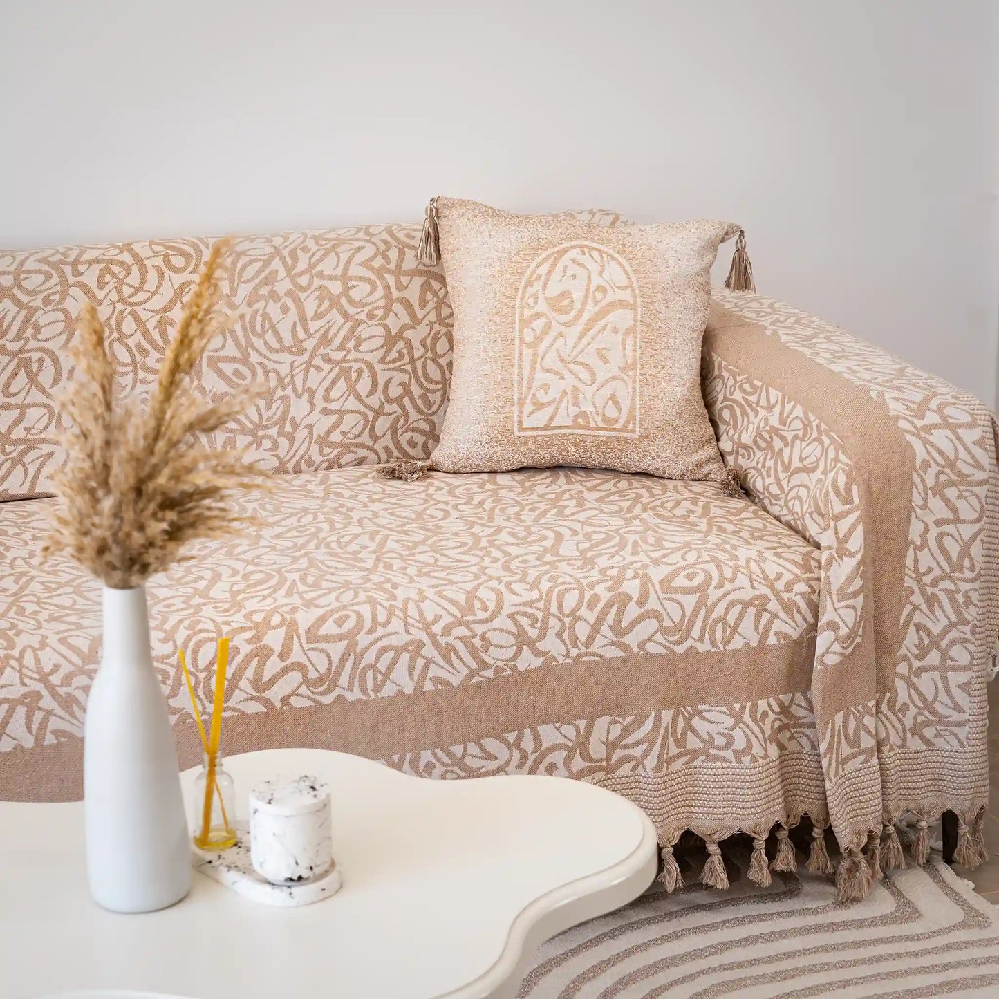3 x 2 m Calligraphy Cotton Throw with 2 Matching Cushion Covers – 100% Cotton – High Quality