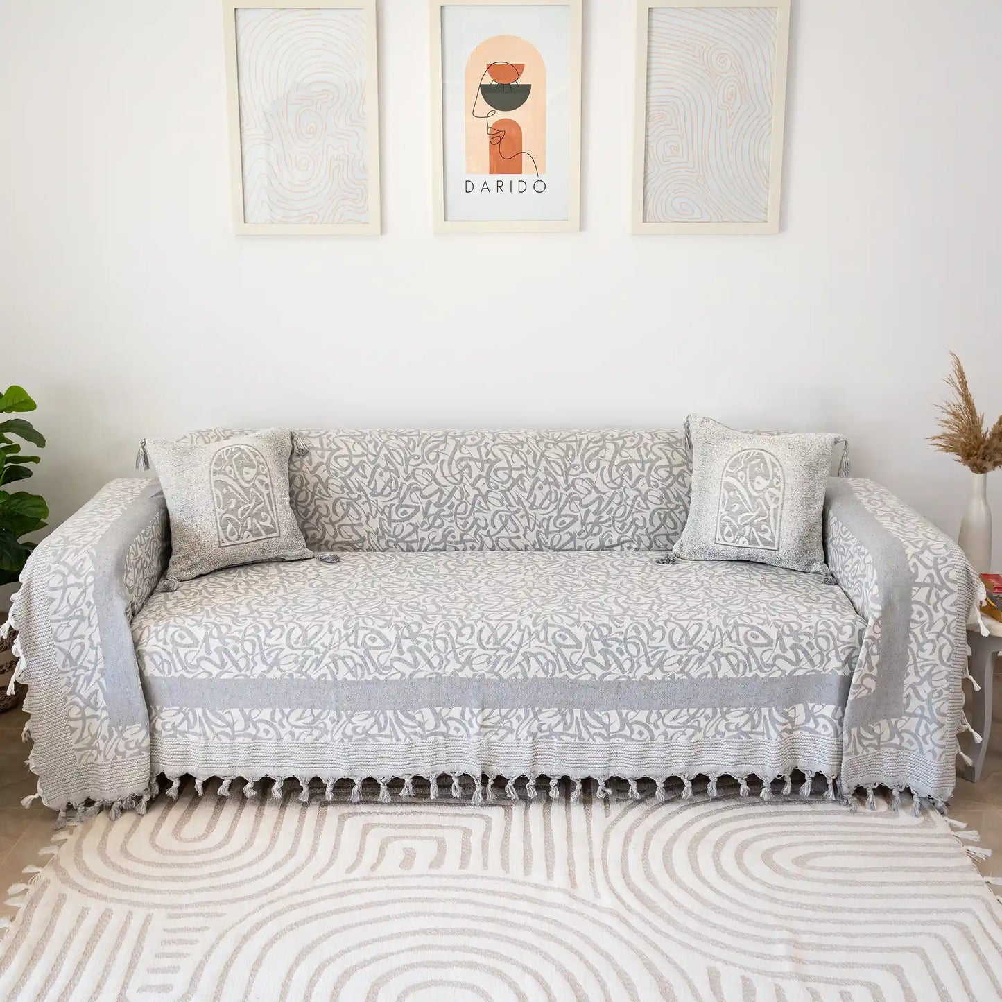 3 x 2 m Calligraphy Cotton Throw with 2 Matching Cushion Covers – 100% Cotton – High Quality
