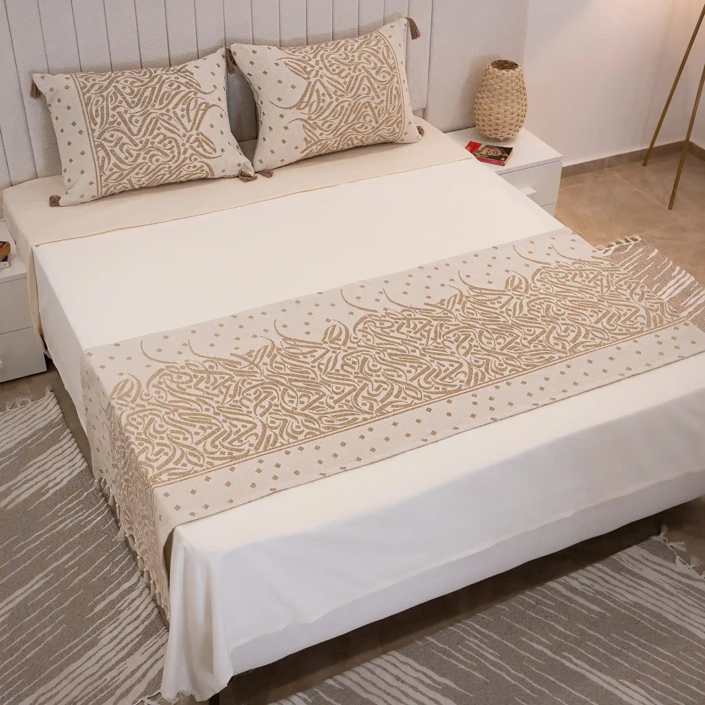 Luxurious Calligraphy Bed Runner Set with 2 Cushion Covers - High quality