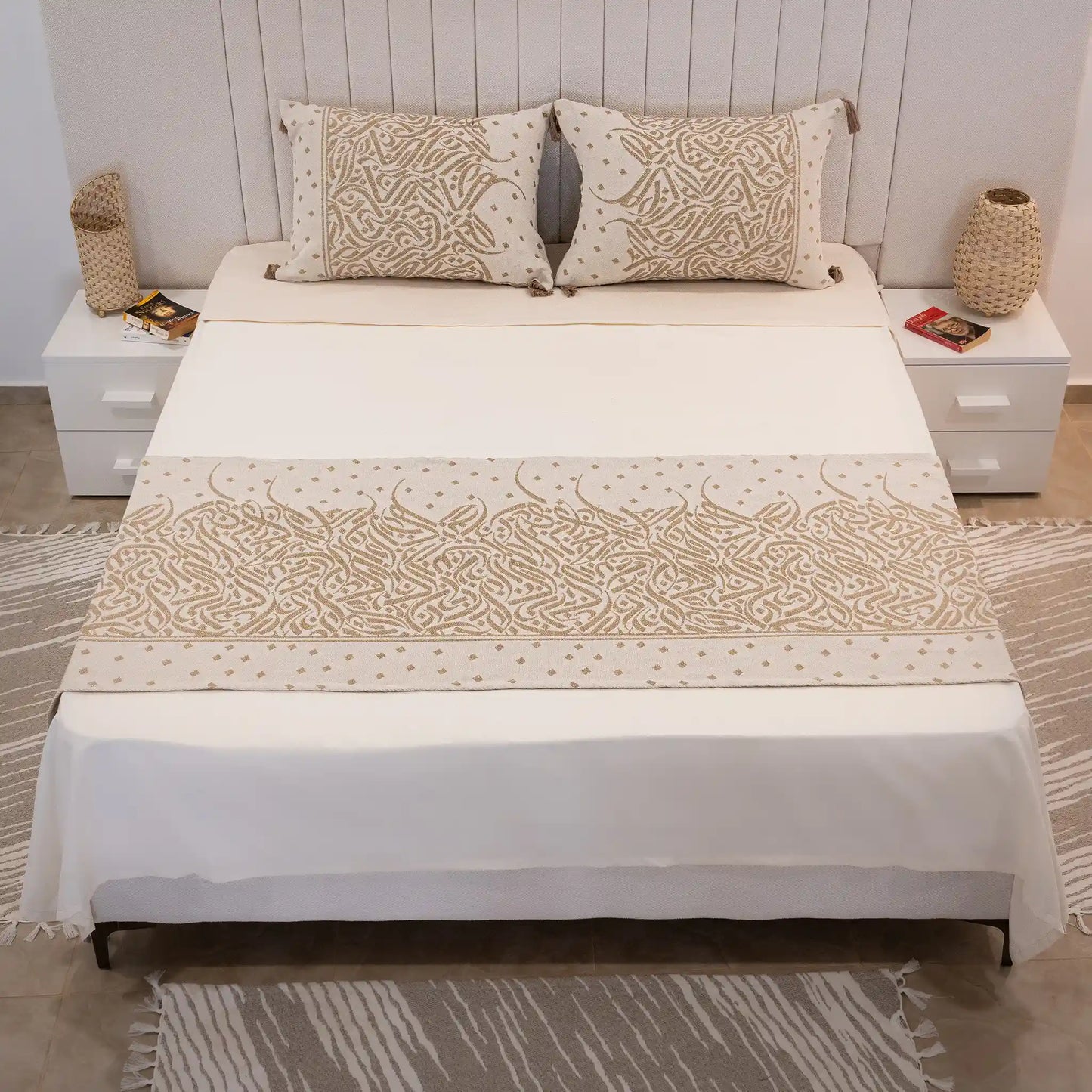 Luxurious Calligraphy Bed Runner Set with 2 Cushion Covers - High quality