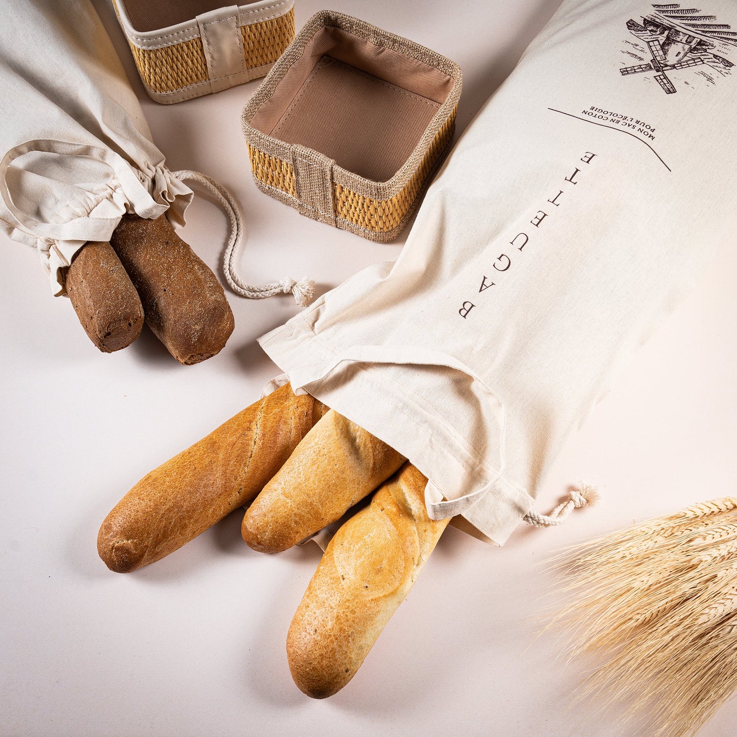 Bakery Pack: 2 Baguette Bags + Bread Basket