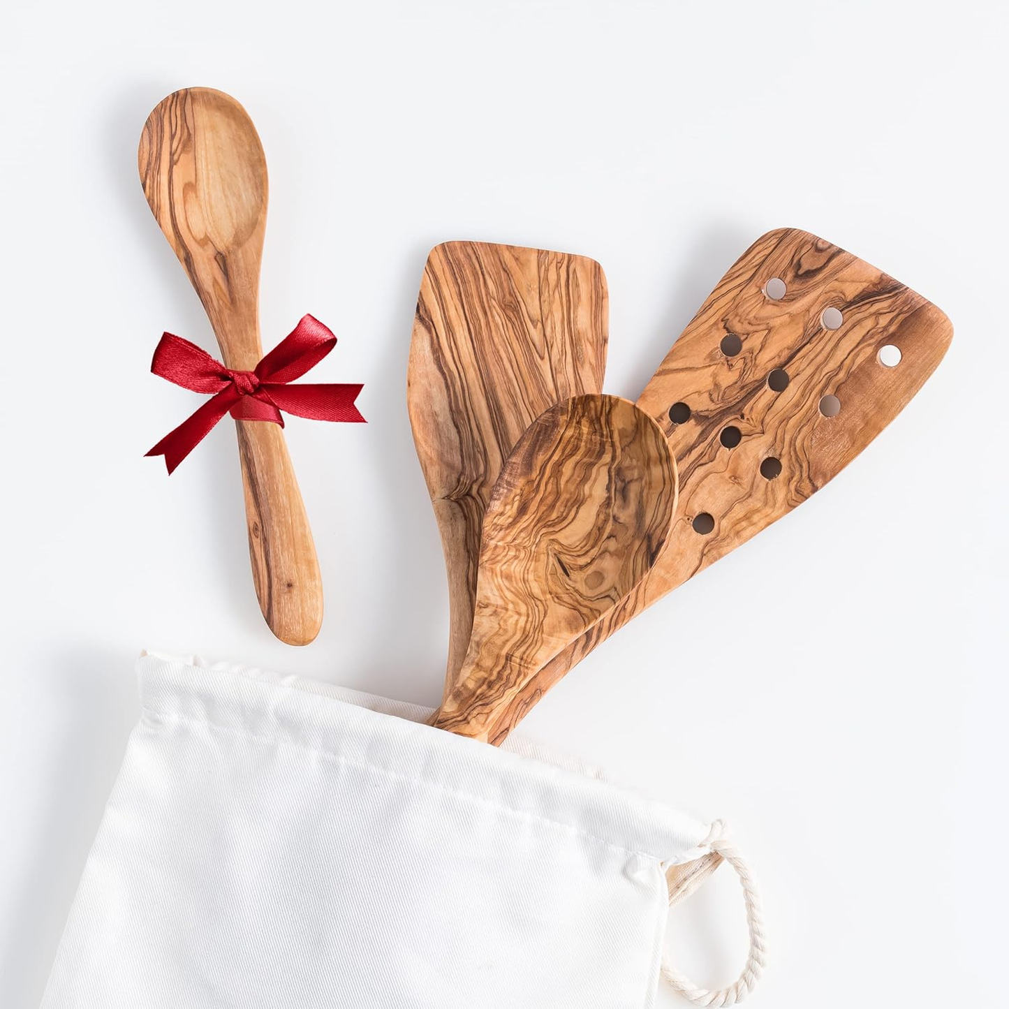 Set of 3 Olive Wood Kitchen Utensils - Spoon, Spatula, Slotted Spatula + (Free 20 cm Spoon)