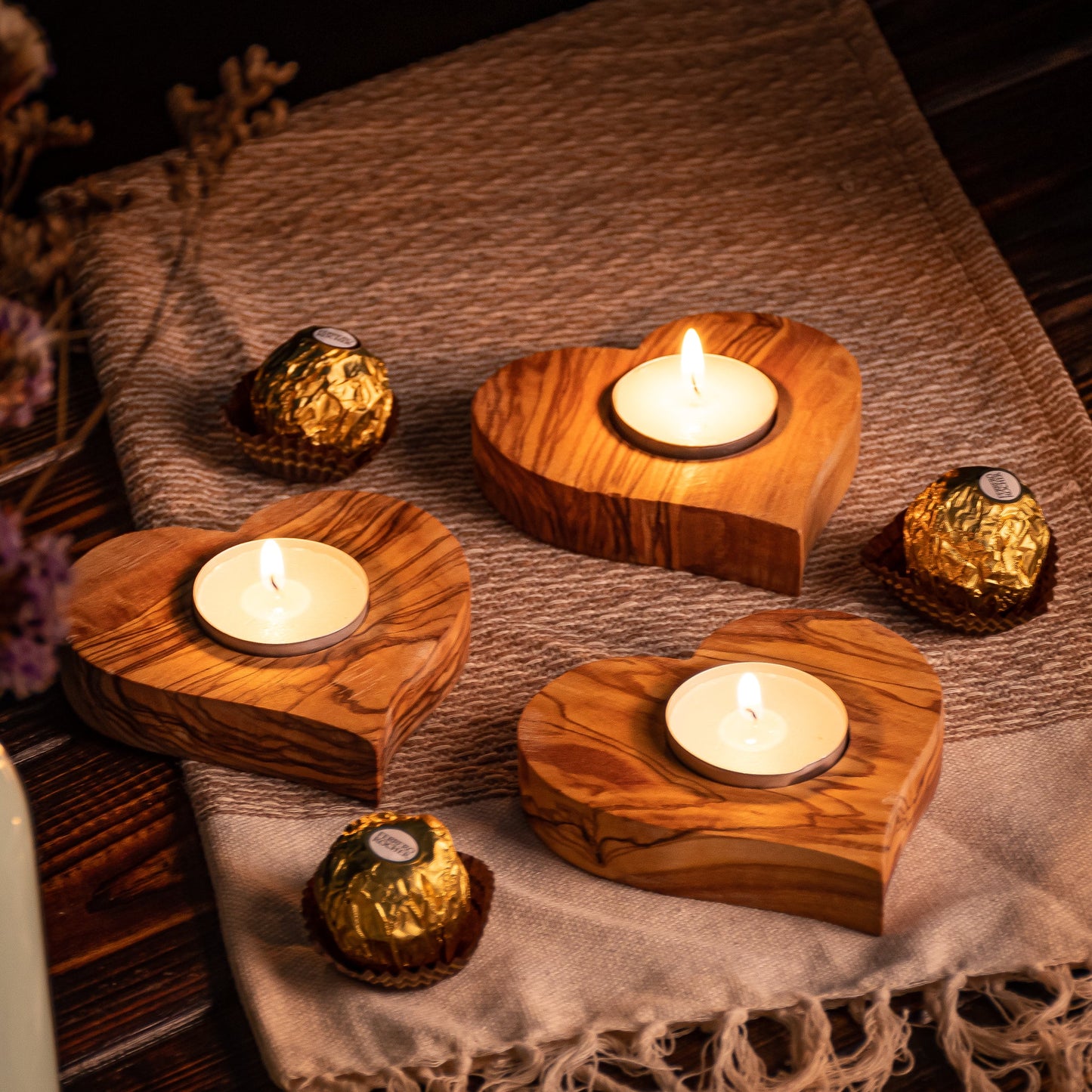 Set of 3 Olive Wood Candle Holders - Heart Shape