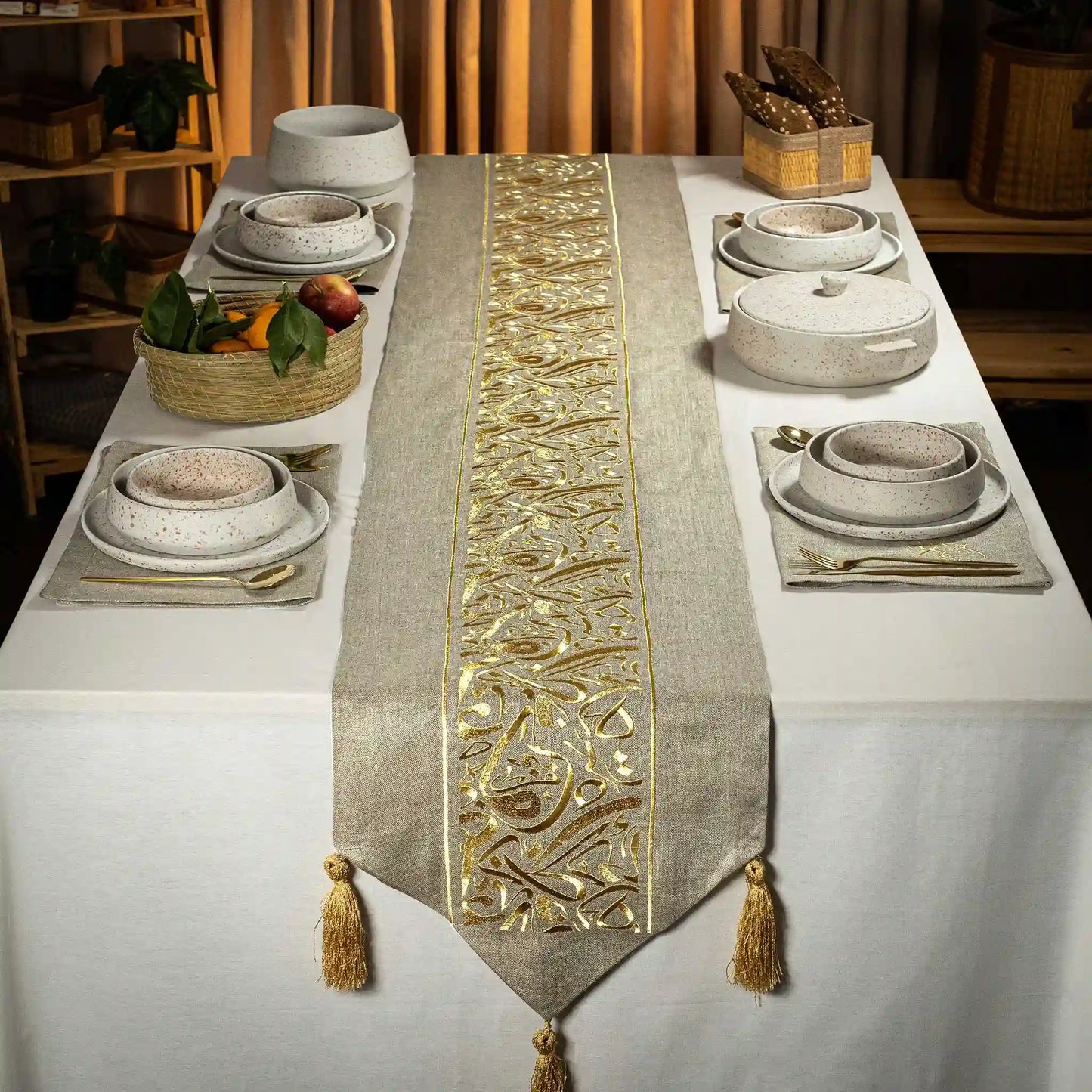 Luxurious Linen Table Runner with Calligraphic Design – Elegance for Every Occasion