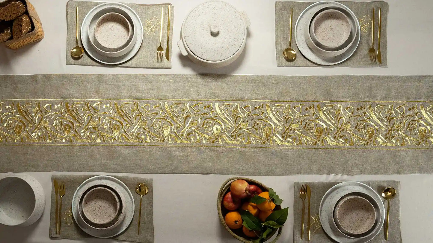 Luxurious Linen Table Runner with Calligraphic Design – Elegance for Every Occasion