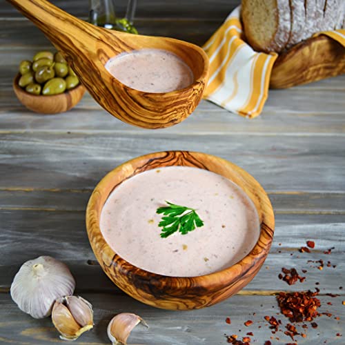 مجموعة أدوات مطبخ من 3 قطع من خشب الزيتون – ملعقة، مغرفة، وملعقة مسطحة + ملعقة عسل مجانًا