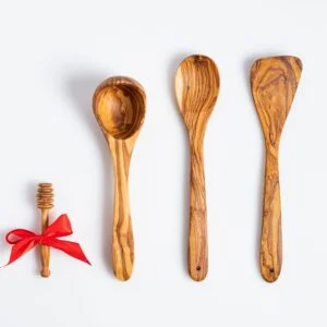 3-Piece Olive Wood Kitchen Utensil Set – Spoon, Ladle & Spatula + Free Honey Spoon