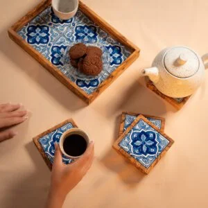 طبق تقديم من خشب الزيتون والخزف - 6 قطع
